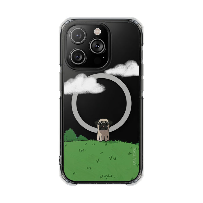 Magnetic Clear Case for iPhone Series, Clear Protection for Your Phone at the Park: black, clear pug dog under a moonlit clou