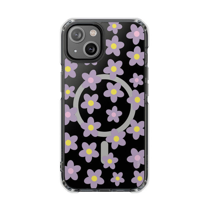 Magnetic Clear Case for iPhone Series with Purple Daisy Design: black, transparent floral pattern, cartoon style