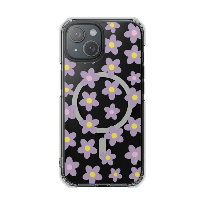 Magnetic Clear Case for iPhone Series with Purple Daisy Design: black, transparent floral pattern, cartoon style