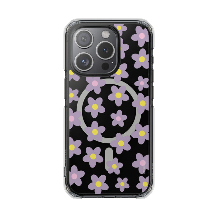 Magnetic Clear Case for iPhone Series with Purple Daisy Design: black, transparent floral pattern, cartoon style