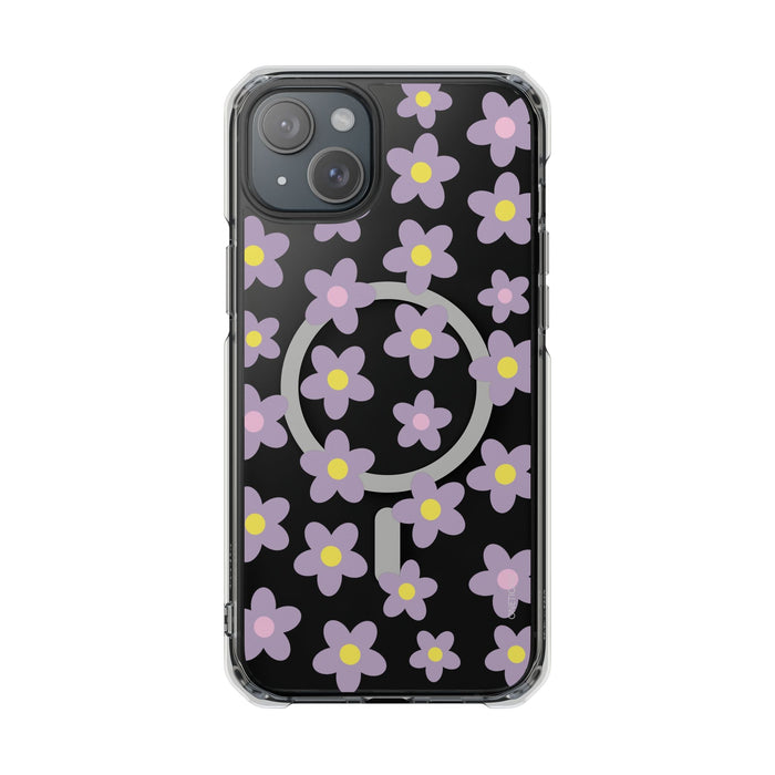 Magnetic Clear Case for iPhone Series with Purple Daisy Design: black, transparent floral pattern, cartoon style