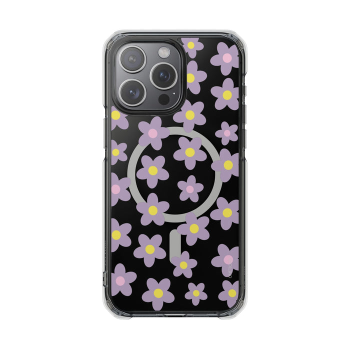 Magnetic Clear Case for iPhone Series with Purple Daisy Design: black, transparent floral pattern, cartoon style