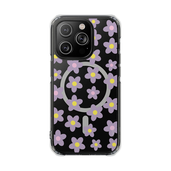 Magnetic Clear Case for iPhone Series with Purple Daisy Design: black, transparent floral pattern, cartoon style