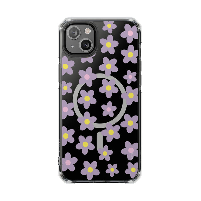 Magnetic Clear Case for iPhone Series with Purple Daisy Design: black, transparent floral pattern, cartoon style