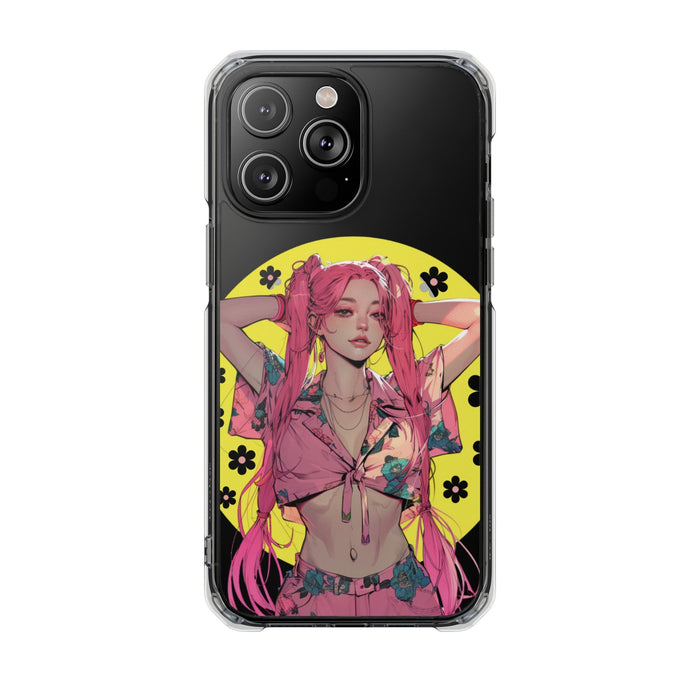Magnetic Clear Case for iPhone with a Pink-Haired Anime Girl Design: clear, black anime-style female character, anime/cartoon