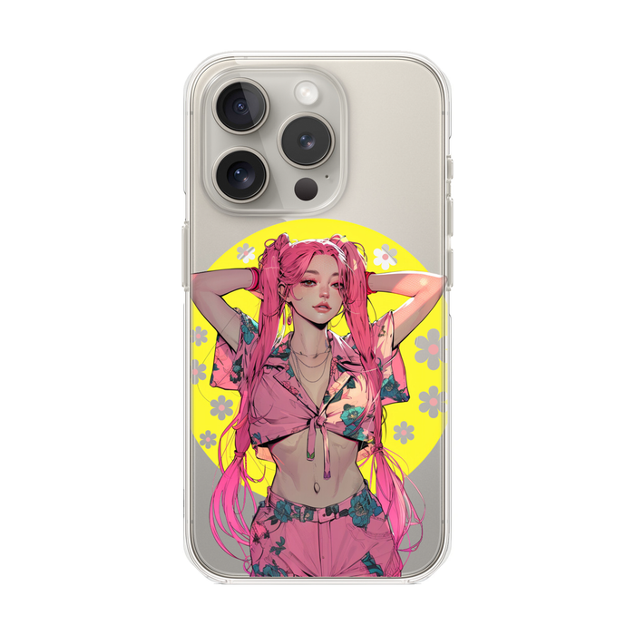 Magnetic Clear Case for iPhone with a Pink-Haired Anime Girl Design: clear, black anime-style female character, anime/cartoon
