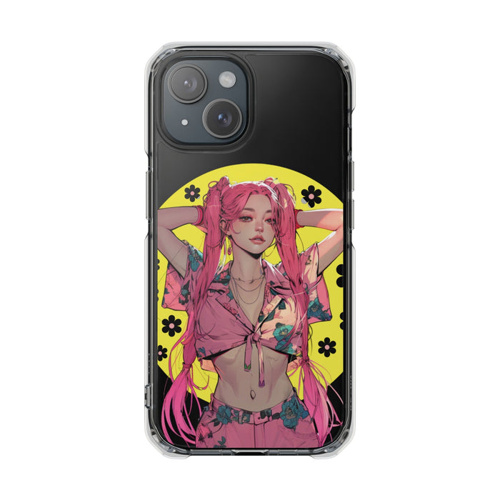 Magnetic Clear Case for iPhone with a Pink-Haired Anime Girl Design: clear, black anime-style female character, anime/cartoon