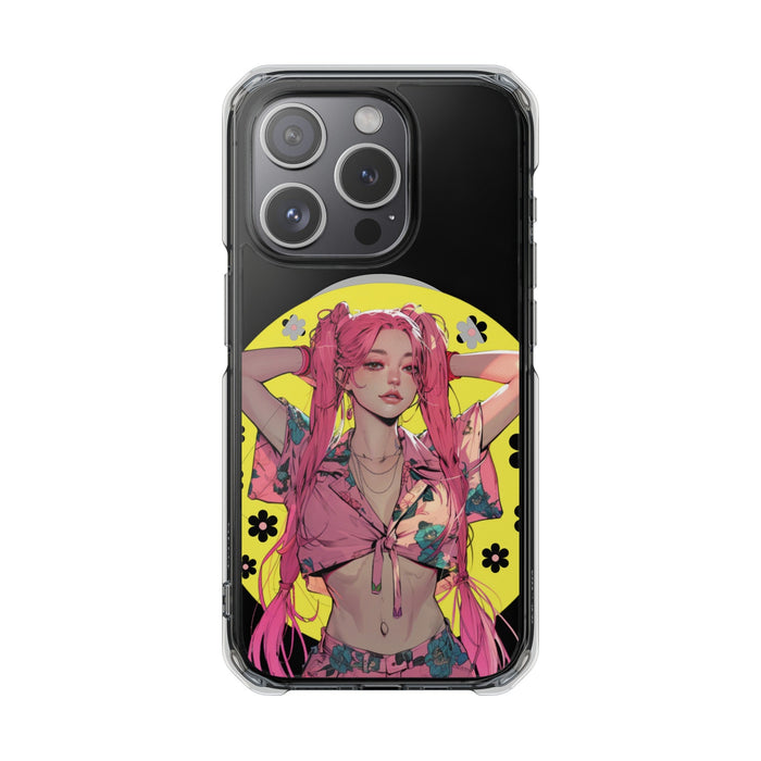 Magnetic Clear Case for iPhone with a Pink-Haired Anime Girl Design: clear, black anime-style female character, anime/cartoon