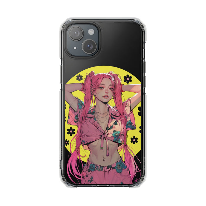 Magnetic Clear Case for iPhone with a Pink-Haired Anime Girl Design: clear, black anime-style female character, anime/cartoon