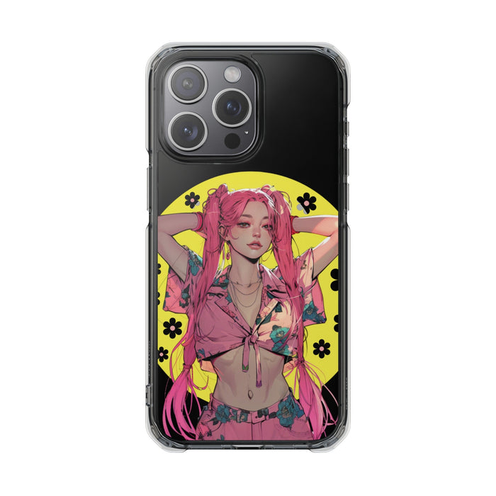 Magnetic Clear Case for iPhone with a Pink-Haired Anime Girl Design: clear, black anime-style female character, anime/cartoon