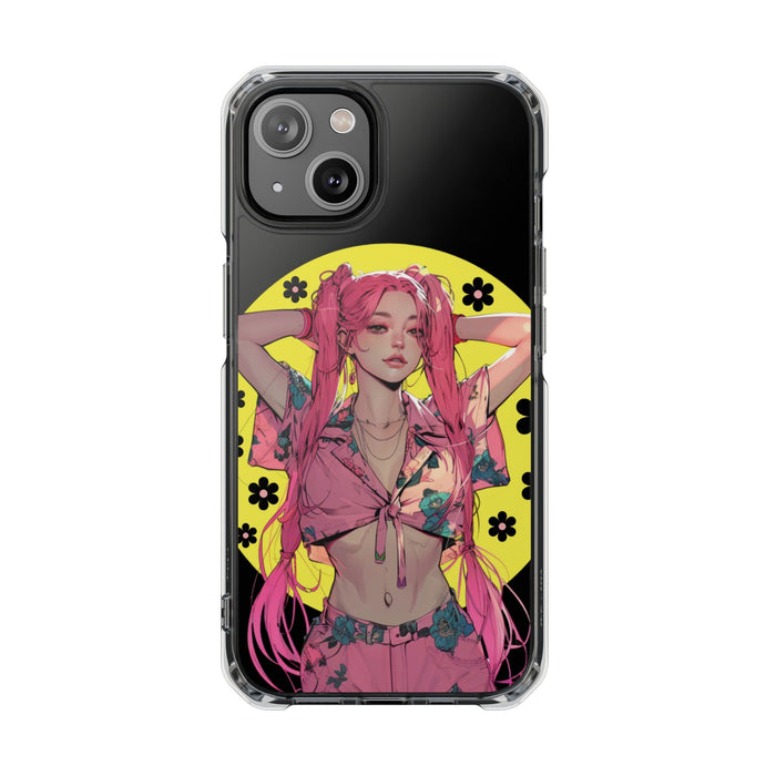 Magnetic Clear Case for iPhone with a Pink-Haired Anime Girl Design: clear, black anime-style female character, anime/cartoon