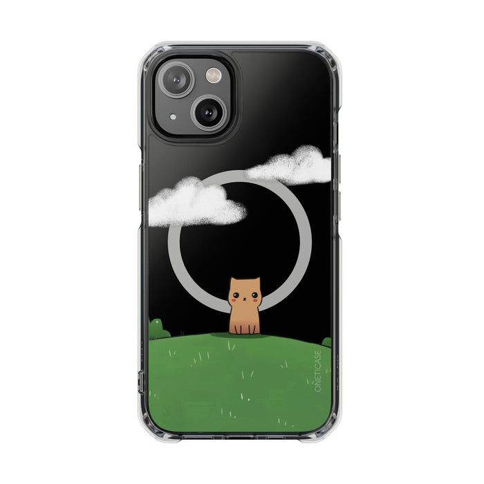 Magnetic Clear iPhone Case with Cat Design for Outdoor Enthusiasts: black, clear cat under a crescent moon with clouds, carto