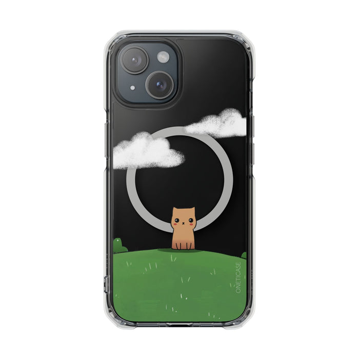 Magnetic Clear iPhone Case with Cat Design for Outdoor Enthusiasts: black, clear cat under a crescent moon with clouds, carto
