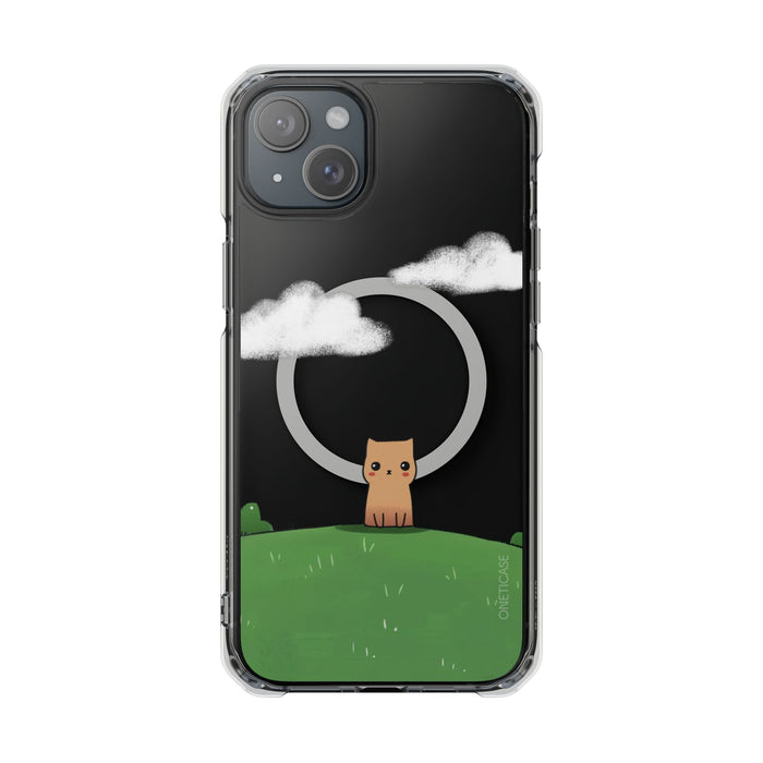 Magnetic Clear iPhone Case with Cat Design for Outdoor Enthusiasts: black, clear cat under a crescent moon with clouds, carto