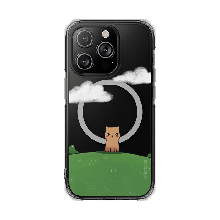 Magnetic Clear iPhone Case with Cat Design for Outdoor Enthusiasts: black, clear cat under a crescent moon with clouds, carto