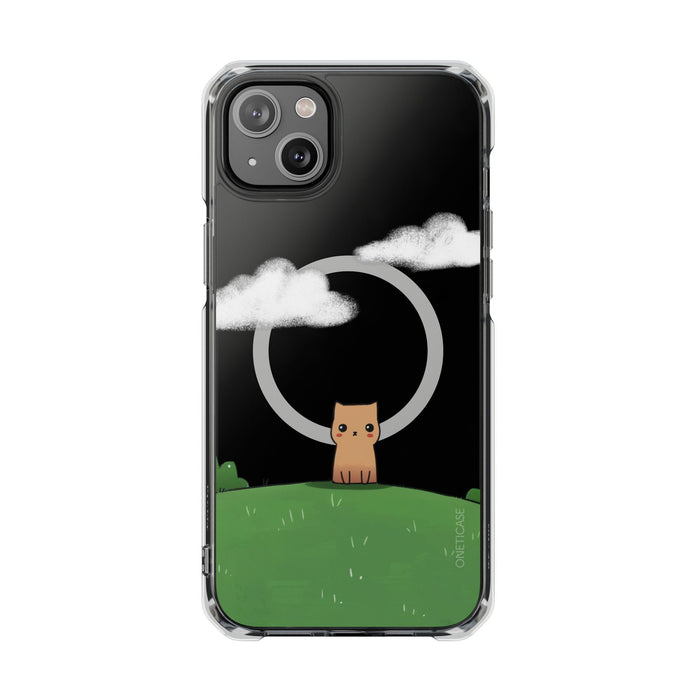 Magnetic Clear iPhone Case with Cat Design for Outdoor Enthusiasts: black, clear cat under a crescent moon with clouds, carto