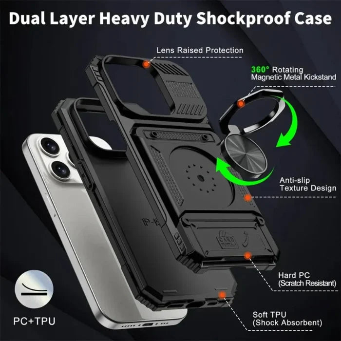 Magnetic Kickstand iPhone Armor Card Slot Protective Case: black, dark gray smartphone protective case, rugged tactical style