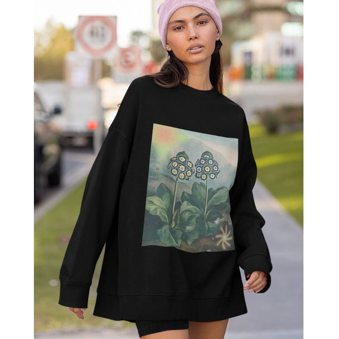 Majestic Botanical Women's Sweatshirt: black, green floral illustration, casual graphic style