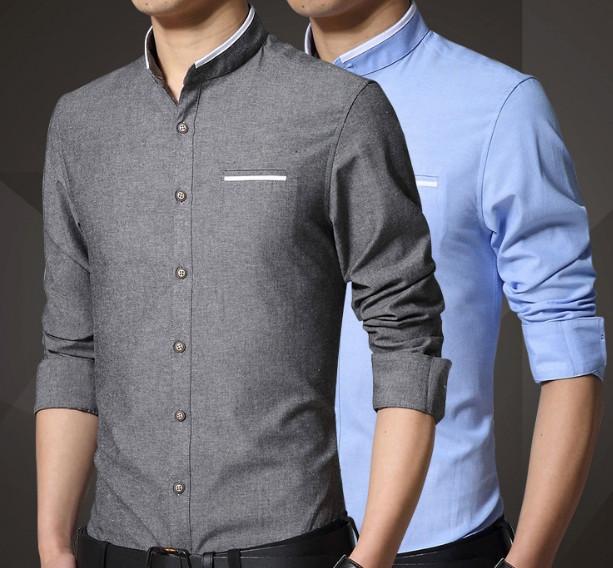 Mandarin Neck Men's Shirt: gray, light blue men's long-sleeve shirts, minimal modern style
