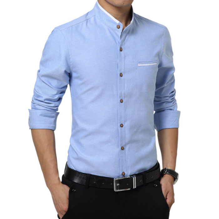 Mandarin Neck Men's Shirt: gray, light blue men's long-sleeve shirts, minimal modern style