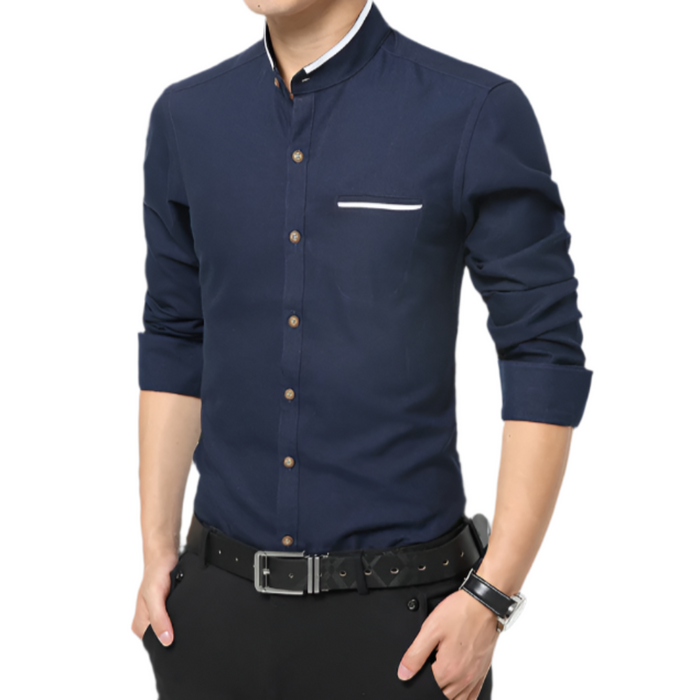 Mandarin Neck Men's Shirt: gray, light blue men's long-sleeve shirts, minimal modern style