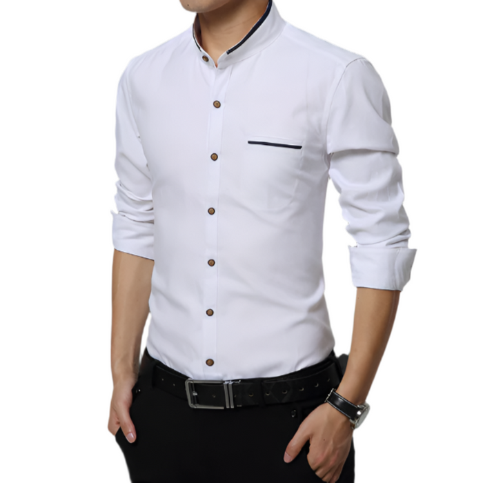 Mandarin Neck Men's Shirt: gray, light blue men's long-sleeve shirts, minimal modern style