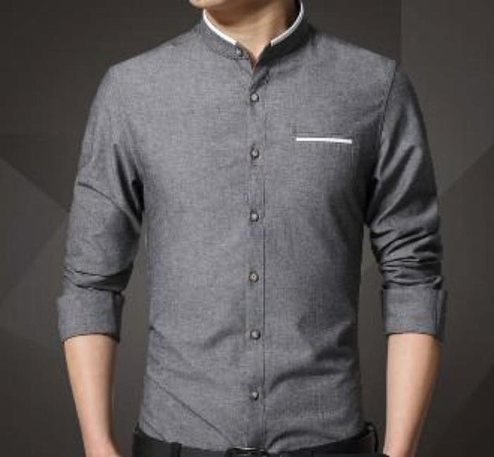 Mandarin Neck Men's Shirt: gray, light blue men's long-sleeve shirts, minimal modern style
