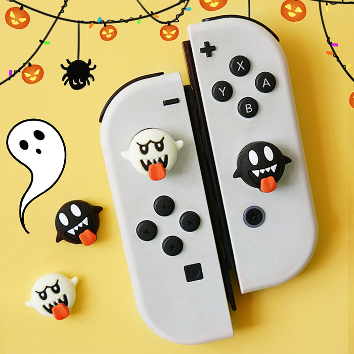 Mario Joystick Caps for Switch/PS4/Xbox: white, black Halloween ghost and black monster characters, cartoon kawaii Halloween