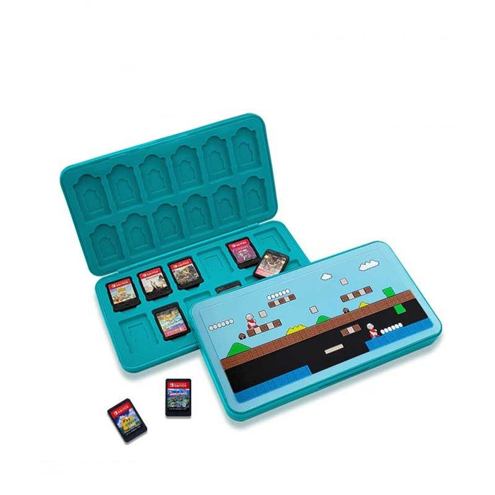 Mario Switch Game Holder with 24 slots: teal, light blue pixel-art video game platformer theme, retro pixel-art cartoon style