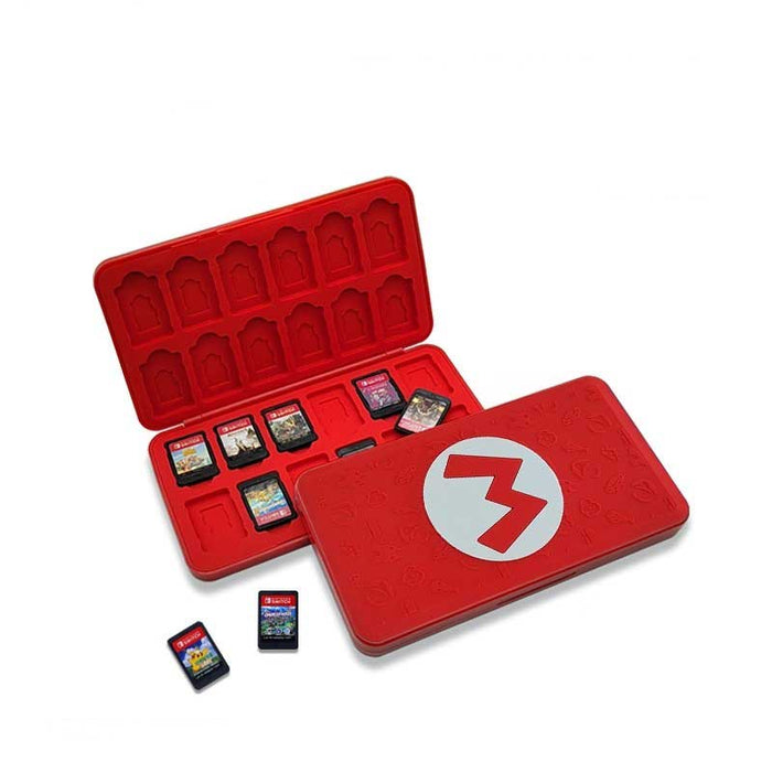 Mario Switch Game Holder with 24 slots: teal, light blue pixel-art video game platformer theme, retro pixel-art cartoon style
