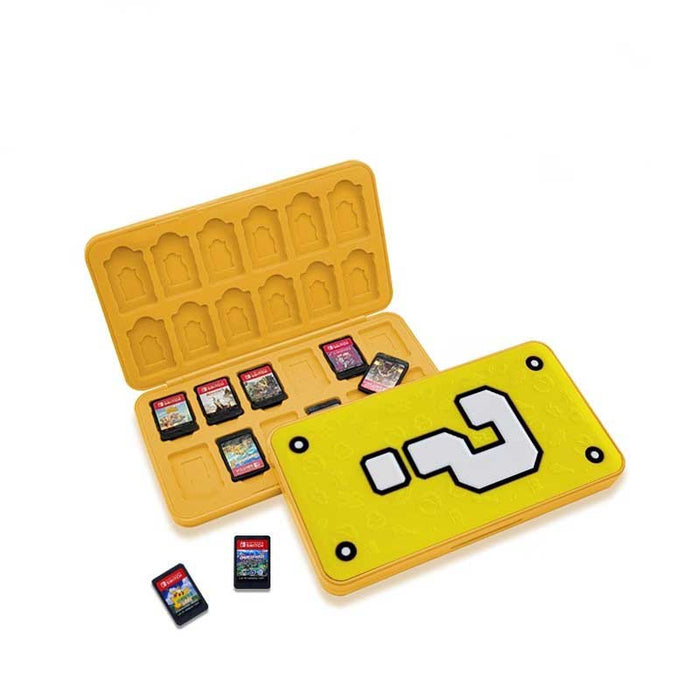 Mario Switch Game Holder with 24 slots: teal, light blue pixel-art video game platformer theme, retro pixel-art cartoon style