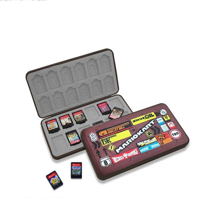 Mario Switch Game Holder with 24 slots: teal, light blue pixel-art video game platformer theme, retro pixel-art cartoon style