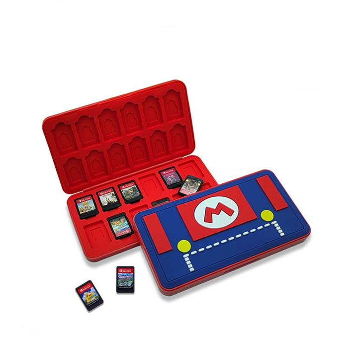 Mario Switch Game Holder with 24 slots: teal, light blue pixel-art video game platformer theme, retro pixel-art cartoon style