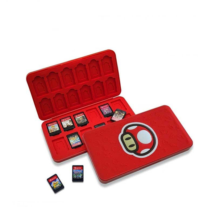 Mario Switch Game Holder with 24 slots: teal, light blue pixel-art video game platformer theme, retro pixel-art cartoon style