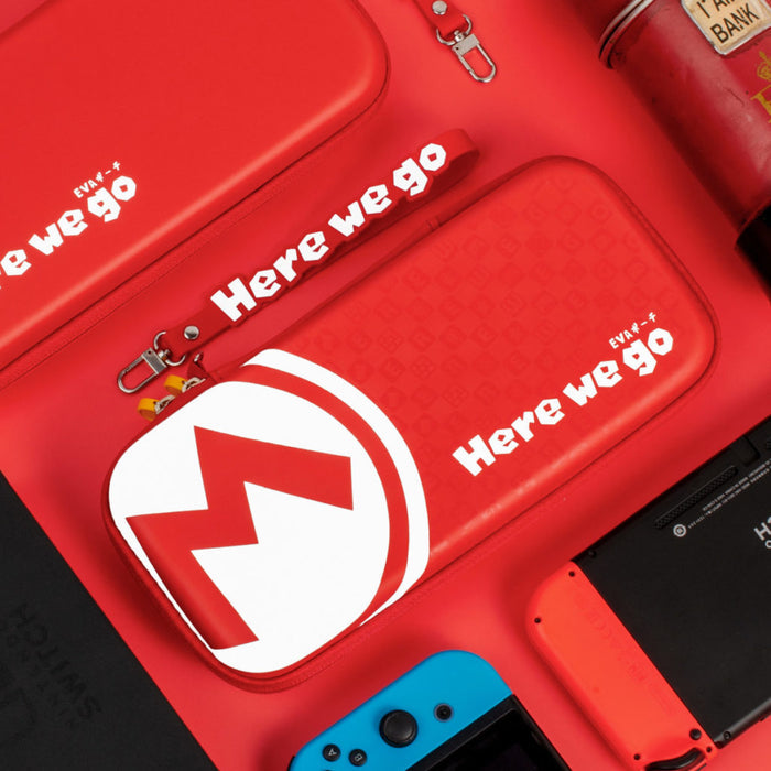 Mario Switch OLED Travel Case with Stand: red, white zippered pouch/case, bold graphic, sporty style