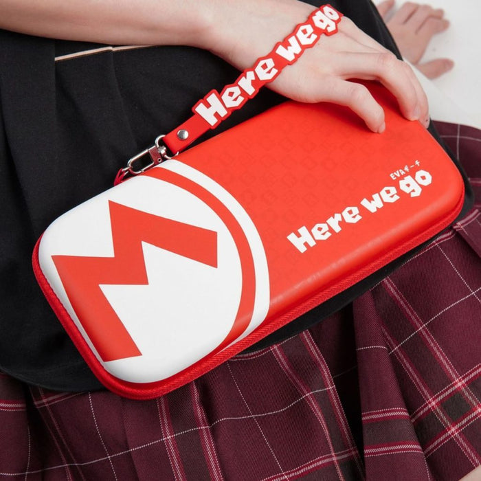 Mario Switch OLED Travel Case with Stand: red, white zippered pouch/case, bold graphic, sporty style