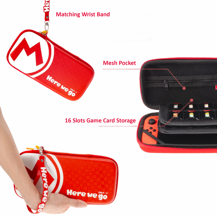Mario Switch OLED Travel Case with Stand: red, white zippered pouch/case, bold graphic, sporty style