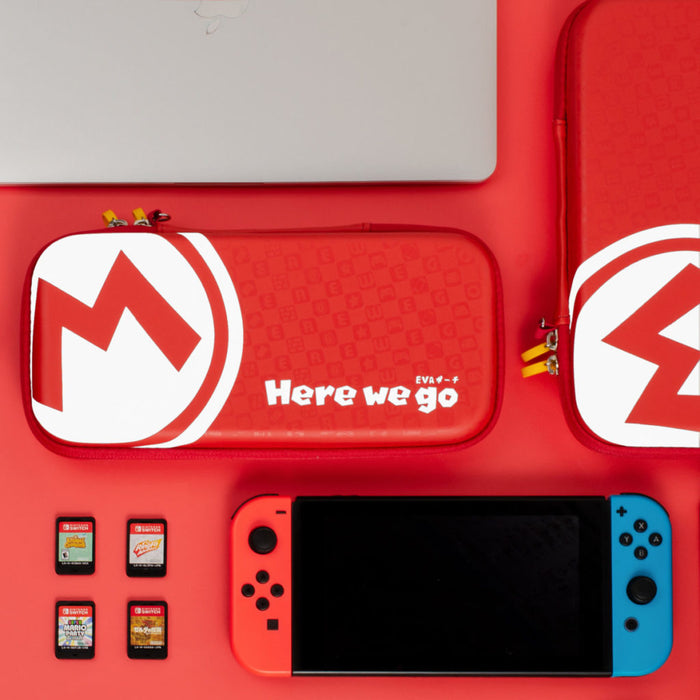 Mario Switch OLED Travel Case with Stand: red, white zippered pouch/case, bold graphic, sporty style