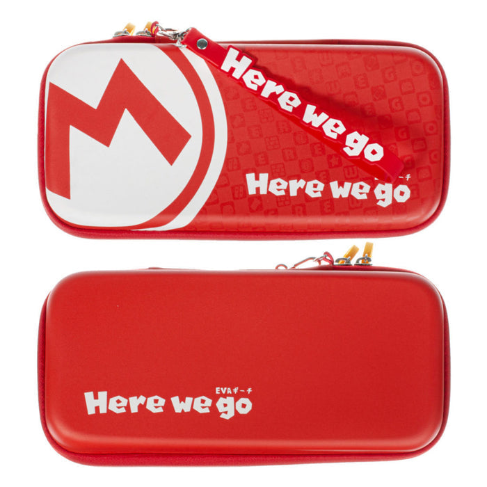 Mario Switch OLED Travel Case with Stand: red, white zippered pouch/case, bold graphic, sporty style