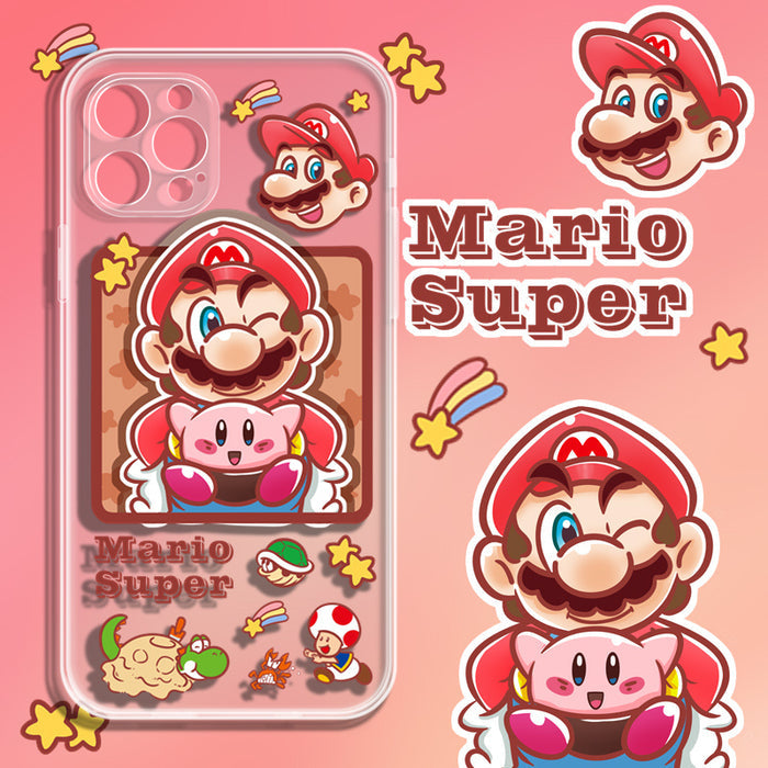 Mario x Kirby TPU Phone Case: transparent, red Super Mario characters and theme, colorful cartoon kawaii style