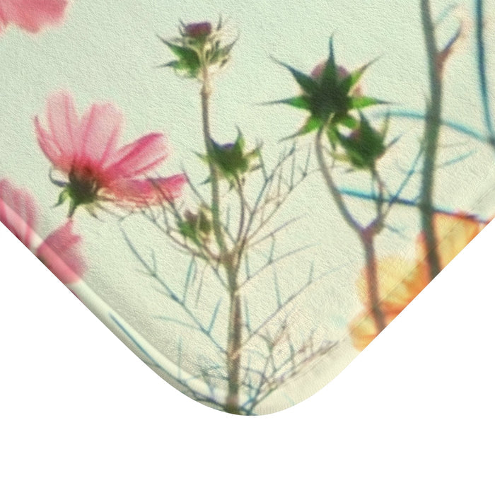 Meadow Blooms Bathroom Rug: pale mint green, pink pink flowers, botanical floral print style