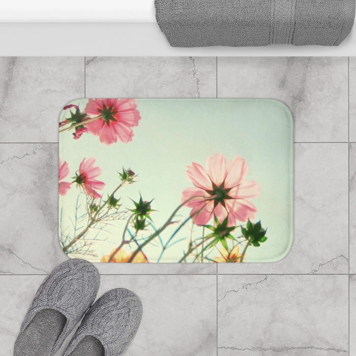 Meadow Blooms Bathroom Rug: pale mint green, pink pink flowers, botanical floral print style
