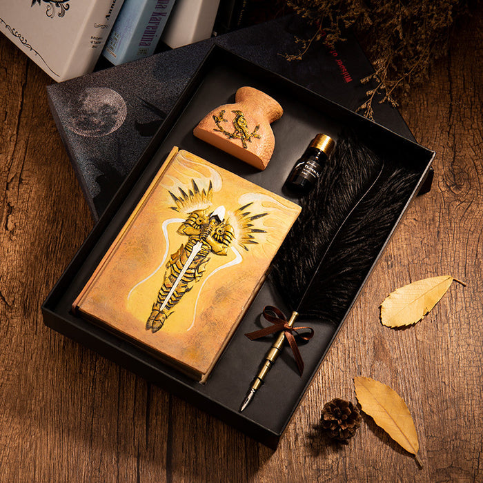 Medieval Feather Pen Set with Journal: black, brown tiger illustration, vintage gothic style