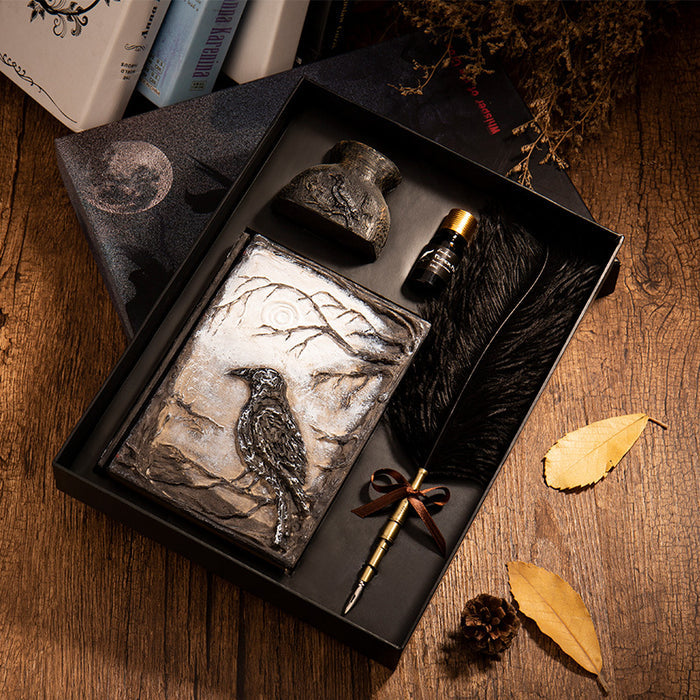 Medieval Feather Pen Set with Journal: black, brown tiger illustration, vintage gothic style
