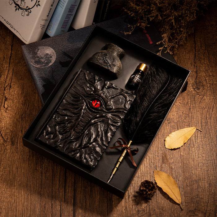 Medieval Feather Pen Set with Journal: black, brown tiger illustration, vintage gothic style