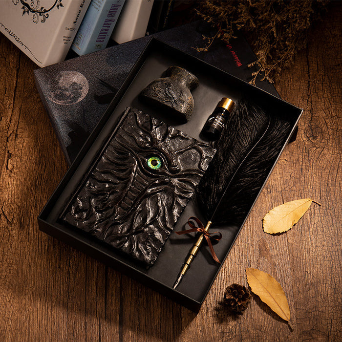 Medieval Feather Pen Set with Journal: black, brown tiger illustration, vintage gothic style