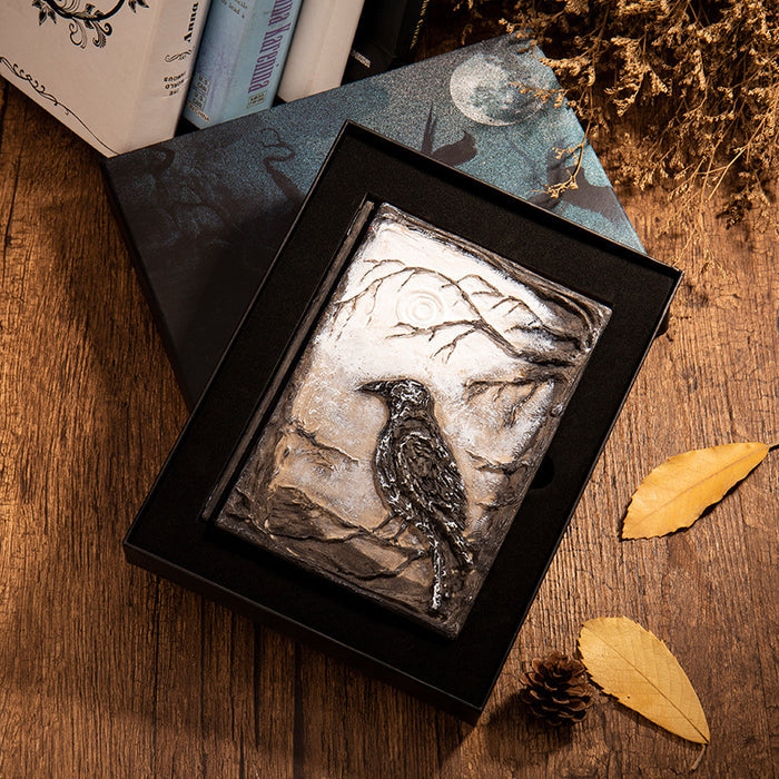 Medieval Feather Pen Set with Journal: black, brown tiger illustration, vintage gothic style
