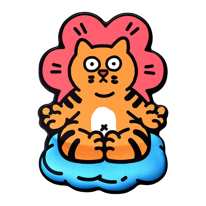 Meditating Cat Mouse Pad with Wrist Support: orange, pink orange cat character sitting on a blue cushion with a pink flower-l