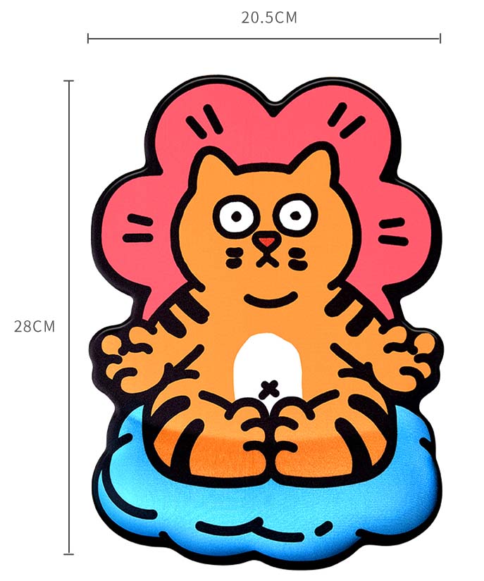 Meditating Cat Mouse Pad with Wrist Support: orange, pink orange cat character sitting on a blue cushion with a pink flower-l