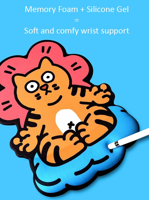 Meditating Cat Mouse Pad with Wrist Support: orange, pink orange cat character sitting on a blue cushion with a pink flower-l